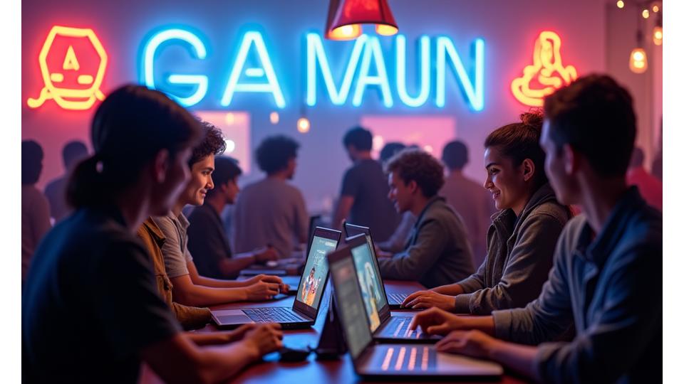 Bir indie oyun geliştirici etkinliğinde, farklı milletlerden genç geliştiricilerin bir araya gelip neşeyle işbirliği yaptığı bir kalabalık, neon ışıklar ve oyun figürleri ile dolu bir salon