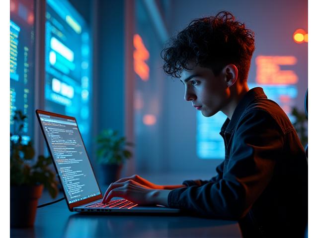 Bir indie oyun geliştiricisi neon ışıklı bir ortamda kod yazarken, arkasında soyut oyun tasarımları yansıyor