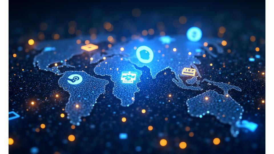Bir dizi farklı oyun platformu simgesi (Steam, Epic Store, mobil ikonlar) ve üzerinde küresel olarak yayılan bir ışık ağı, yayıncılık ve pazarlama erişimini simgeliyor