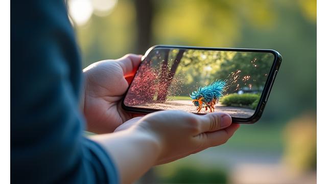 Mobil cihazda AR oyunu oynayan çocuk