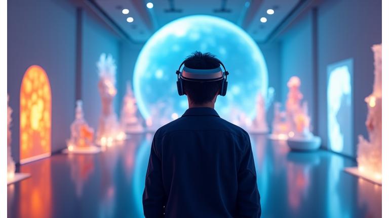 VR gözlük takmış bir kişi sürükleyici bir sanal ortamda