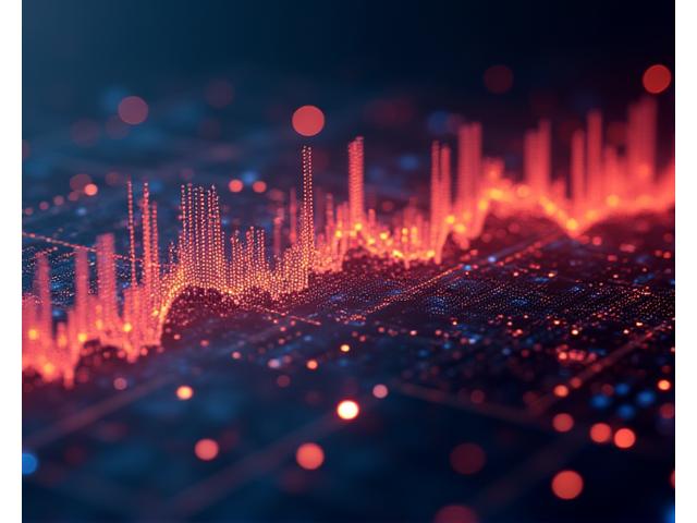 Karmaşık performans metriklerini gösteren bir 3D grafik, CPU, GPU ve bellek kullanım verileriyle hız ve verimliliği temsil eden soyut ışık çizgileriyle.