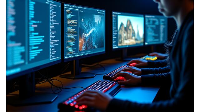 Oyun geliştiricilerinin kodlama ve modelleme yaptığı bilgisayar ekranları