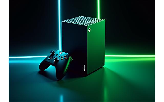 Xbox konsolu ve kontrolcüsü, neon ışıklandırmalı bir ortamda
